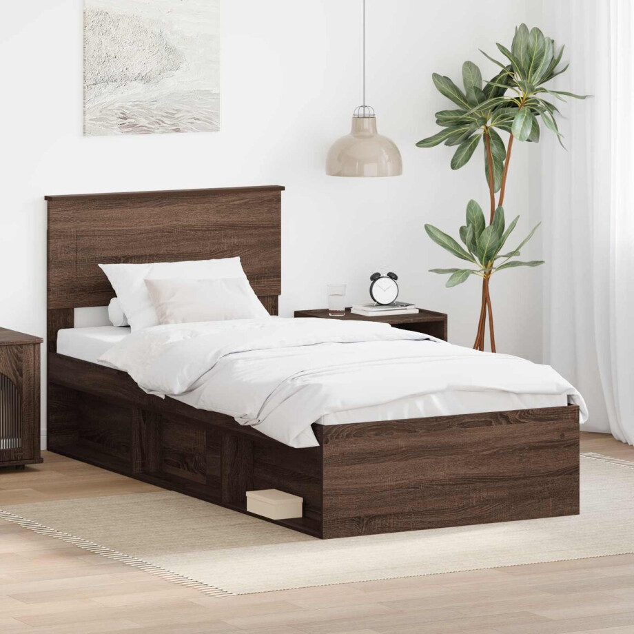 vidaXL - Bedframe - met - hoofdeinde - Bruin - Eiken - 75 - x - 190 - cm - Bewerkt - hout afbeelding 1
