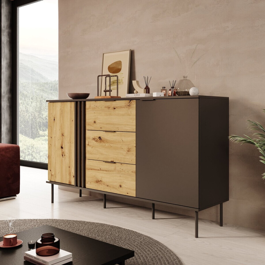 Meubella - Rogan - Dressoir - Zwart - 160x40x92 cm afbeelding 1
