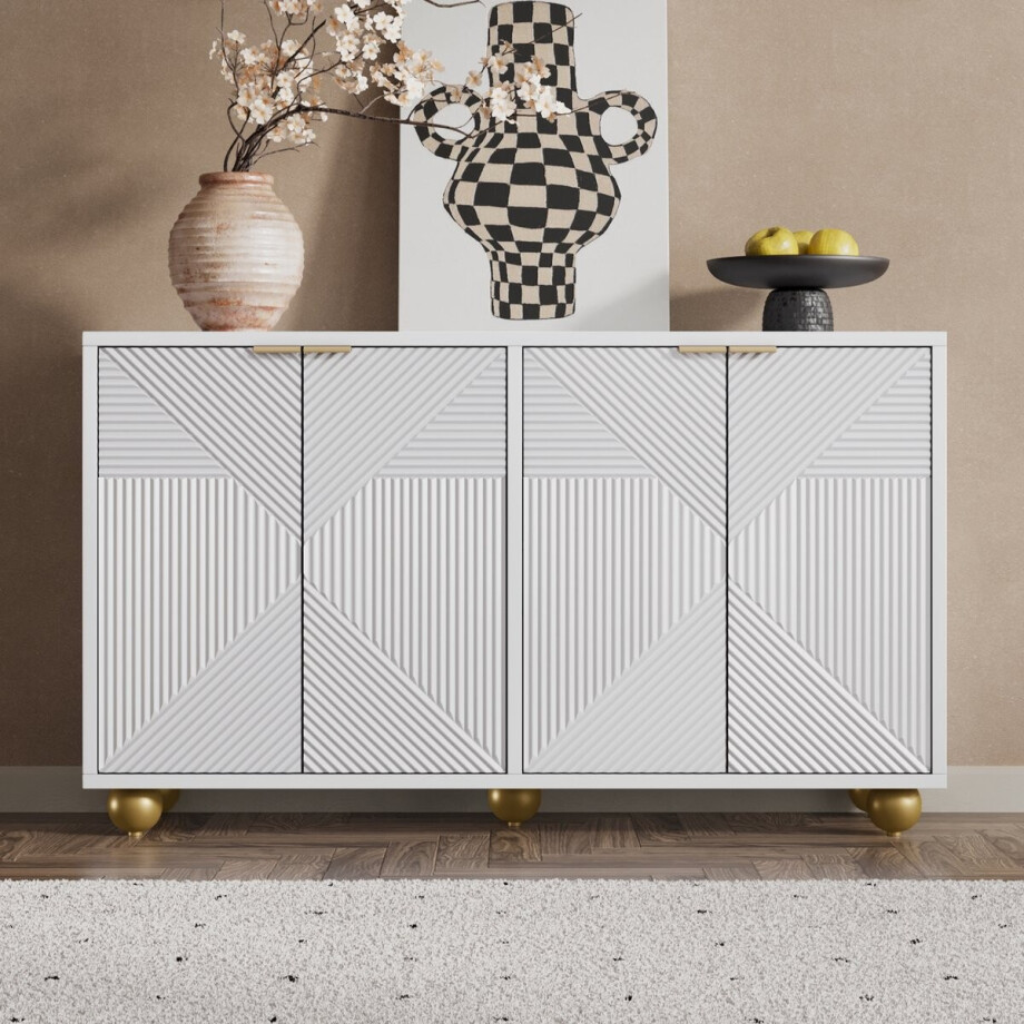 Wit Dressoir met 4 Deuren 120x35x71,5 cm - Sideboard met Verstelbare Planken - Gegraveerd Patroon en Gouden Bolpoten afbeelding 1