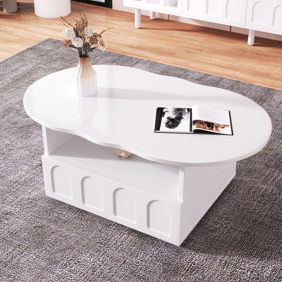 Witte Wolkvormige Salontafel 100x60x40,5 cm - Moderne Design Salontafel met Lade en Open Opbergruimte - voor Woonkamer en Slaapkamer afbeelding 1