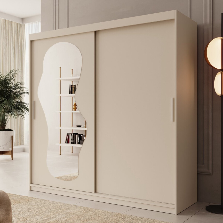 Meubella - Kledingkast Ulysses - Beige - 200 cm - Met spiegel afbeelding 1