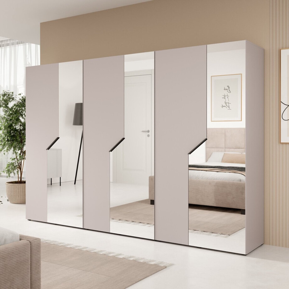 Meubella - Arena - Kledingkast 6-deurs - Spiegel - Beige - 300x202x50cm afbeelding 1