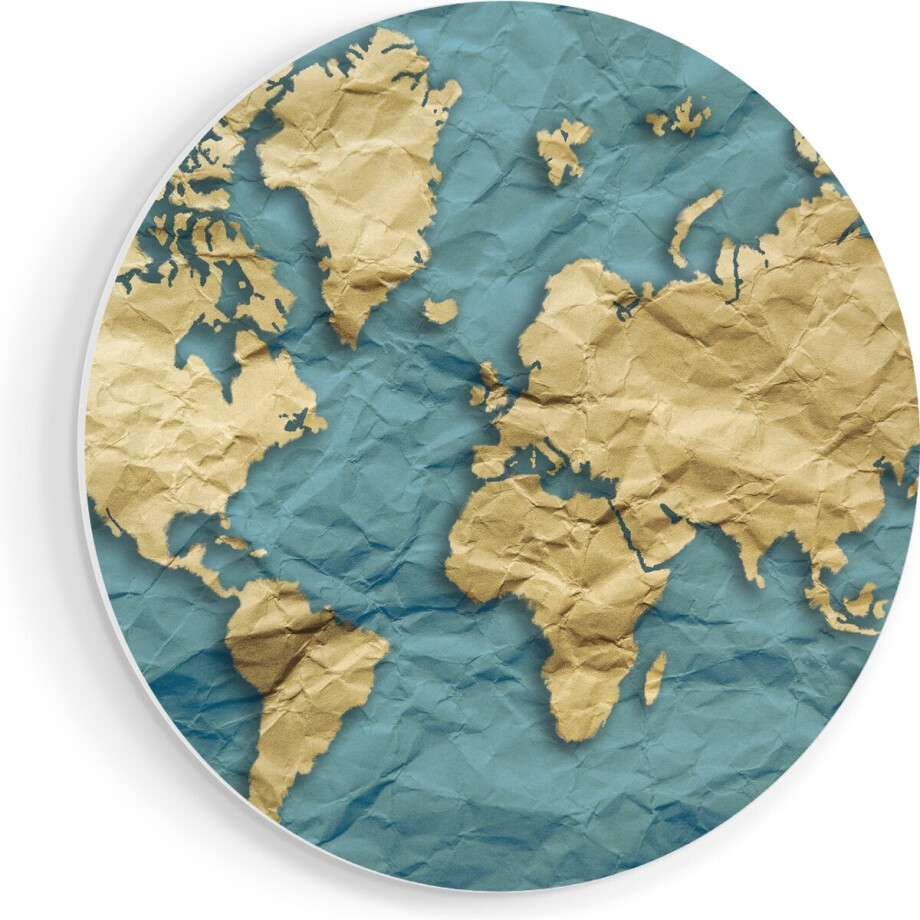 Artaza Forex Muurcirkel Wereldkaart Op Gekreukeld Papier - 70x70 cm - Wandcirkel - Rond Schilderij - Wanddecoratie Cirkel - Muurdecoratie afbeelding 1