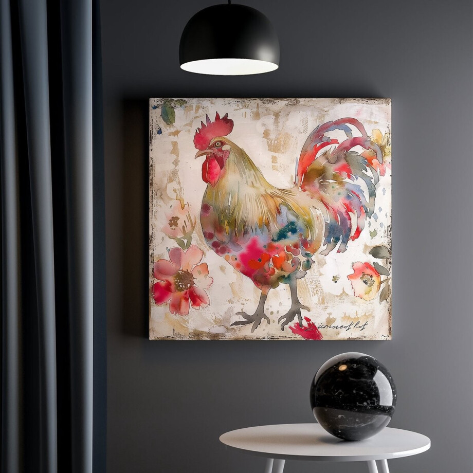 Artaza Canvas Schilderij Haan met Bloemen - Dieren - 30x30 cm - Klein - Wanddecoratie Woonkamer - Schilderijen - Muurdecoratie afbeelding 1