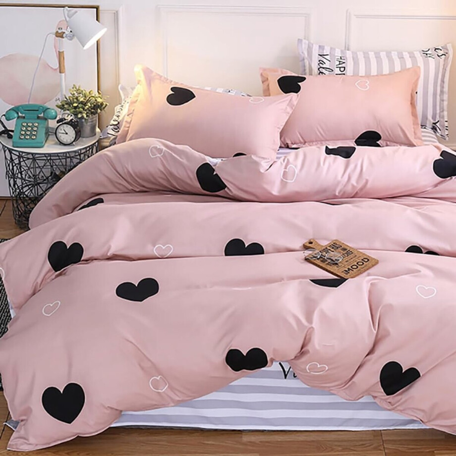 TheLau ® Stijlvolle Omkeerbare Beddengoedset in Roze en Zwart met Hart- en Strependesign TheLau ® Stijlvolle Omkeerbare Beddengoedset in Roze en Zwart met Hart- en Strependesign afbeelding 1