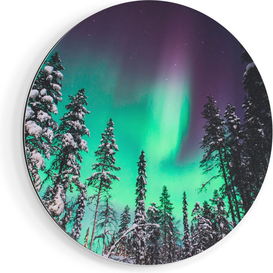 Artaza Dibond Muurcirkel Noorderlicht in de Bossen van Noorwegen - Ø 80 cm - Groot - Wandcirkel - Rond Schilderij - Voor Binnen en Buiten afbeelding 1