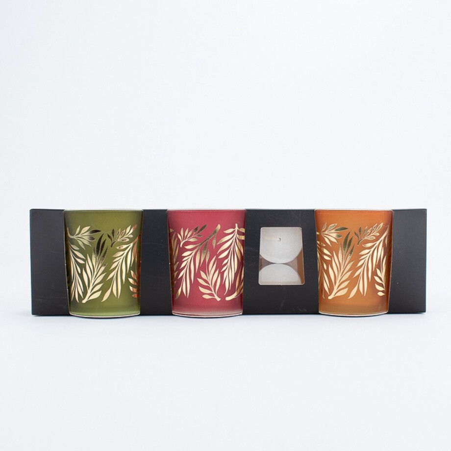 Kaarshouder voor waxinelichtjes - Set van 3 - H8 x Ø7 cm - Oranje, Rood, Groen Kaarshouder voor waxinelichtjes - Set van 3 - H8 x Ø7 cm - Oranje, Rood, Groen afbeelding 1