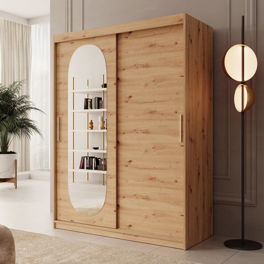 Meubella - Kledingkast Bodhi - Eiken - 150 cm - Met spiegel afbeelding 1