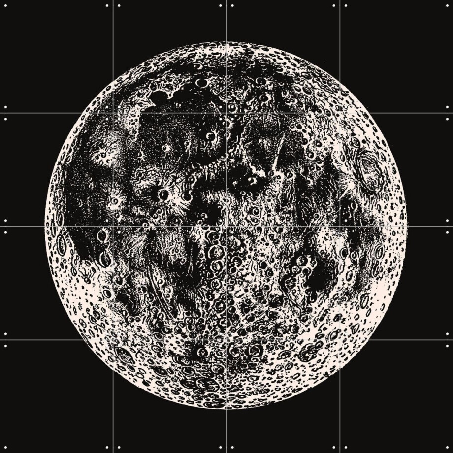 IXXI Moon Big Vintage, Aster Edition - 80 x 80 cm - Gratis ophangtool - Grote wanddecoratie en posters - Illustraties, Houtsnede, Vintage, Woonkamer afbeelding 1