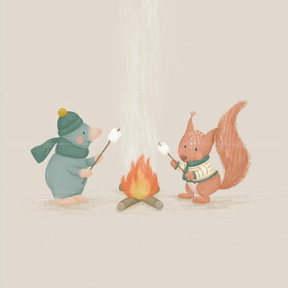 IXXI Marshmallow Campfire, Studio Phie - 120 x 120 cm - Gratis ophangtool - Grote wanddecoratie en posters - Illustraties, Fantasierijk, Cartoonesk afbeelding 1