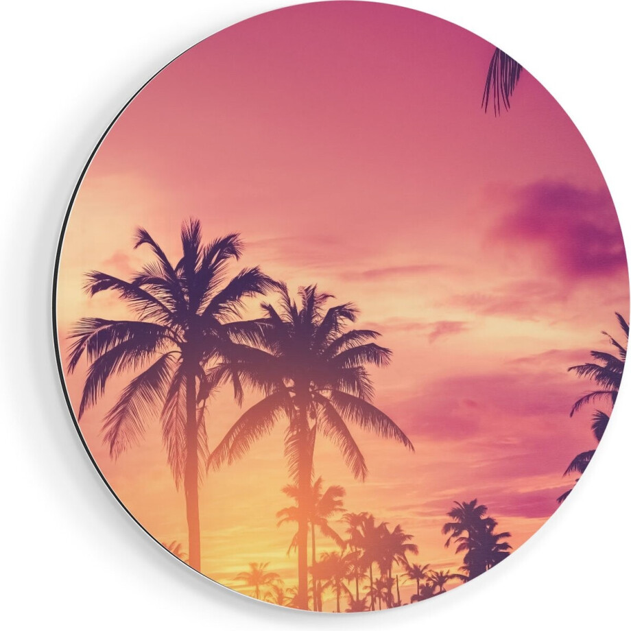 Artaza Dibond Muurcirkel Tropische Palmbomen Met Zonsondergang - Ø 50 cm - Klein - Wandcirkel - Rond Schilderij - Voor Binnen en Buiten afbeelding 1