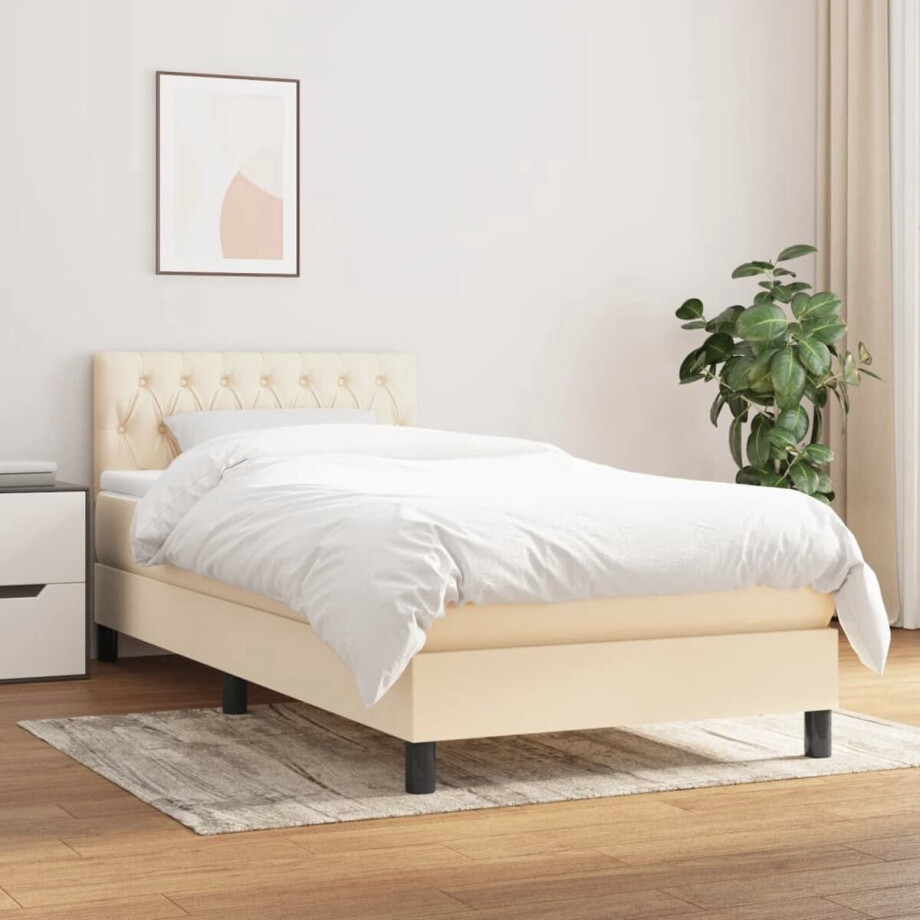 vidaXL Slaapcomfort - Boxspringbed - Boxspring met matras stof crèmekleurig 90x200 cm - Boxspring - Tweepersoonsbed - Cremekleurig afbeelding 1