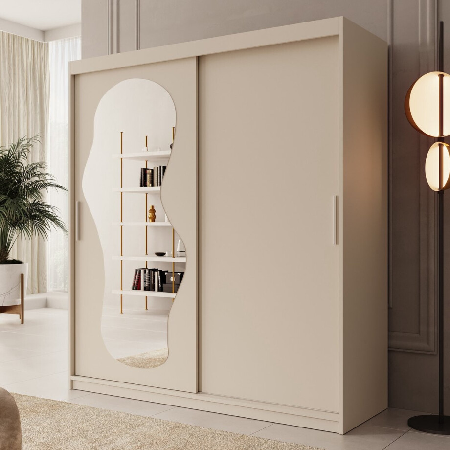 Meubella - Kledingkast Ulysses - Beige - 180 cm - Met spiegel Meubella - Kledingkast Ulysses - Beige - 180 cm - Met spiegel afbeelding 1
