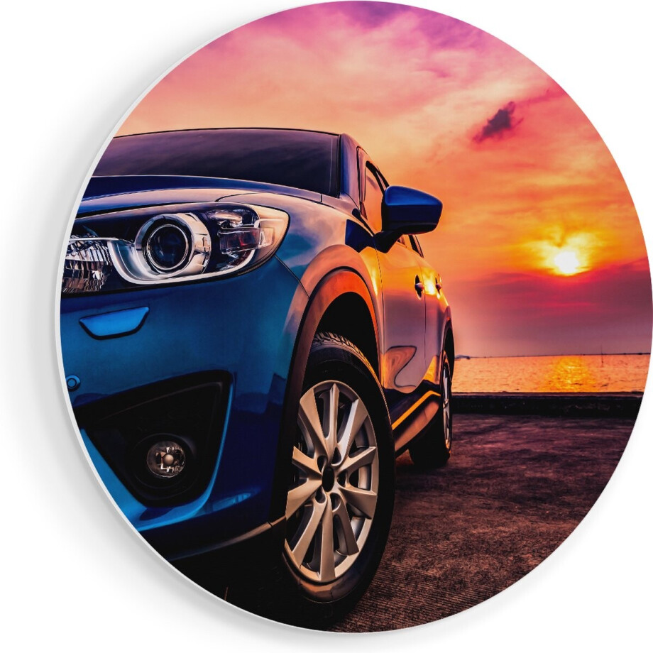 Artaza Forex Muurcirkel Blauwe Sportwagen Auto Bij Zonsondergang - 50x50 cm - Klein - Wandcirkel - Rond Schilderij - Muurdecoratie Cirkel afbeelding 1