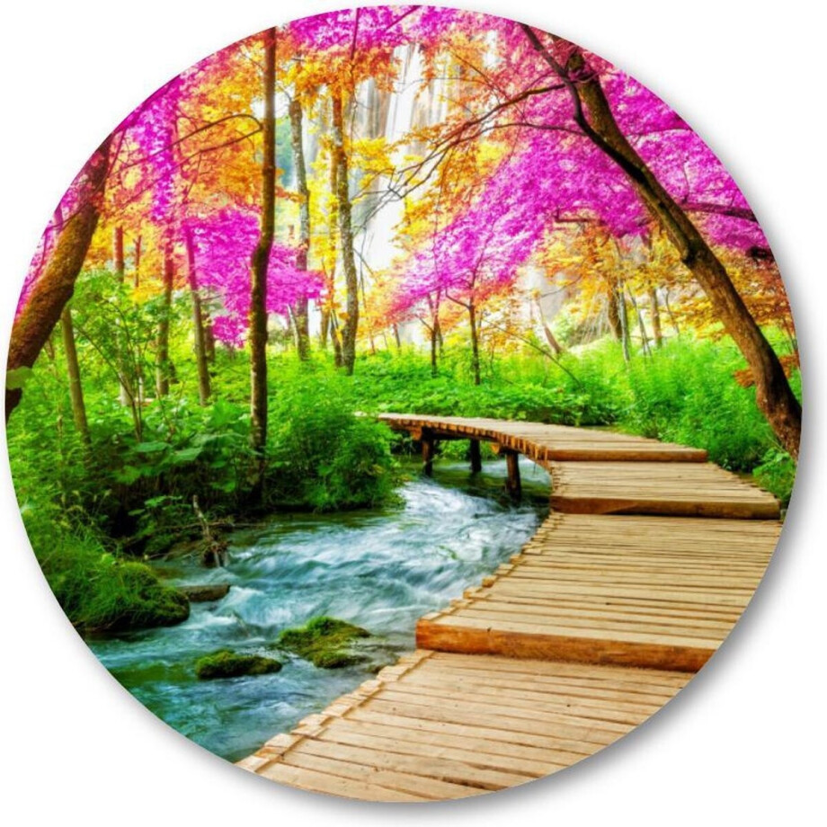 Prachtig houten pad in de Plitvice meren - Muurcirkel 40cm - Wandcirkel voor buiten - Aluminium Dibond - Besteposter - Landschap - Natuur afbeelding 1