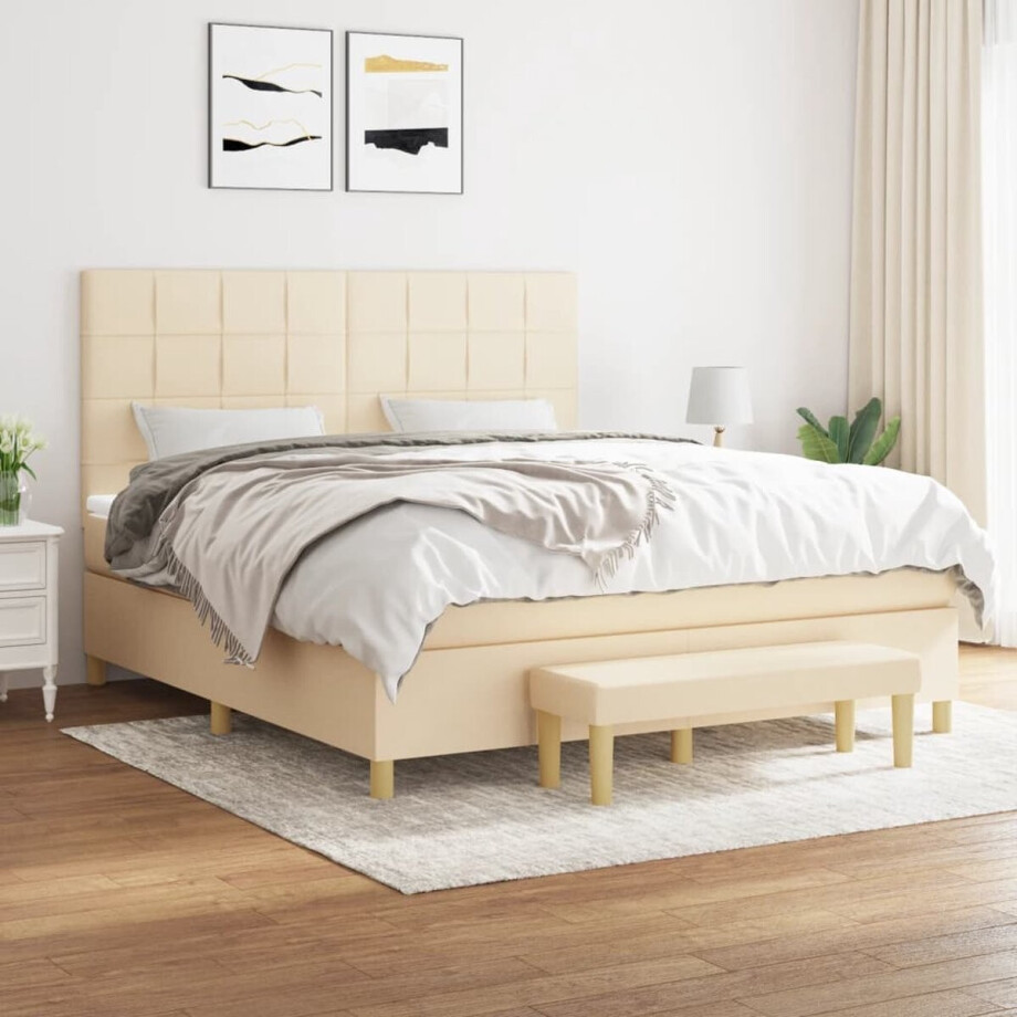 vidaXL - Boxspring - met - matras - stof - crèmekleurig - 160x200 - cm afbeelding 1