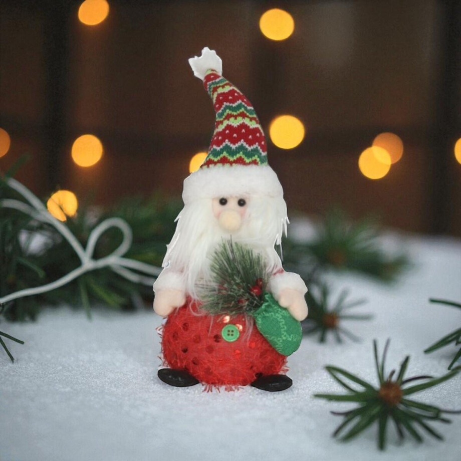 Pluche kerstman met kerstmuts en 1 LED - 41 cm - Kerstdecoratie afbeelding 1
