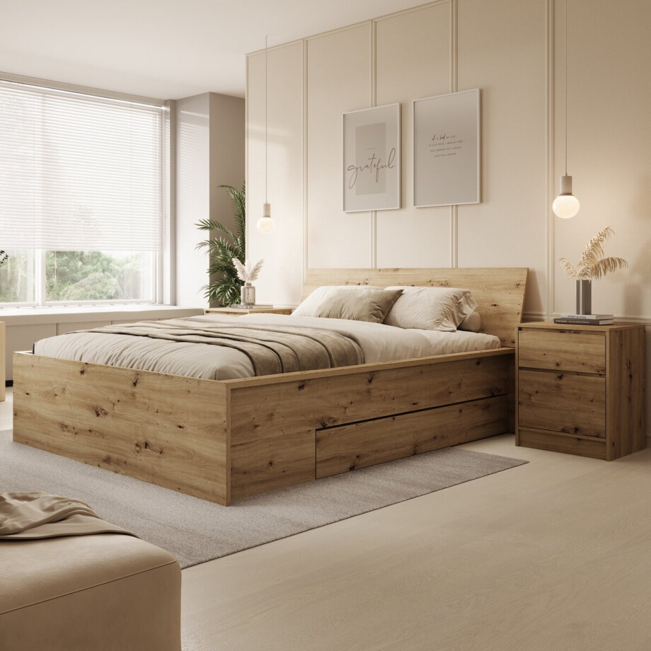 Meubella - Tweepersoonsbed Brett - Eiken - 160x200 cm afbeelding 1