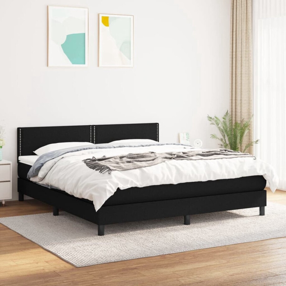 vidaXL Pocketvering Matras - Boxspringbed - Boxspring met matras stof zwart 160x200 cm - Middenhard - Boxspring - Bed Frame vidaXL Pocketvering Matras - Boxspringbed - Boxspring met matras stof zwart 160x200 cm - Middenhard - Boxspring - Bed Frame afbeelding 1