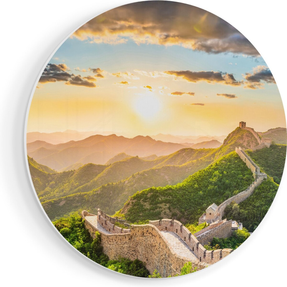 Artaza Forex Muurcirkel De Chinese Muur door de Bergen met Zon - 40x40 cm - Klein - Wandcirkel - Rond Schilderij - Wanddecoratie Cirkel afbeelding 1