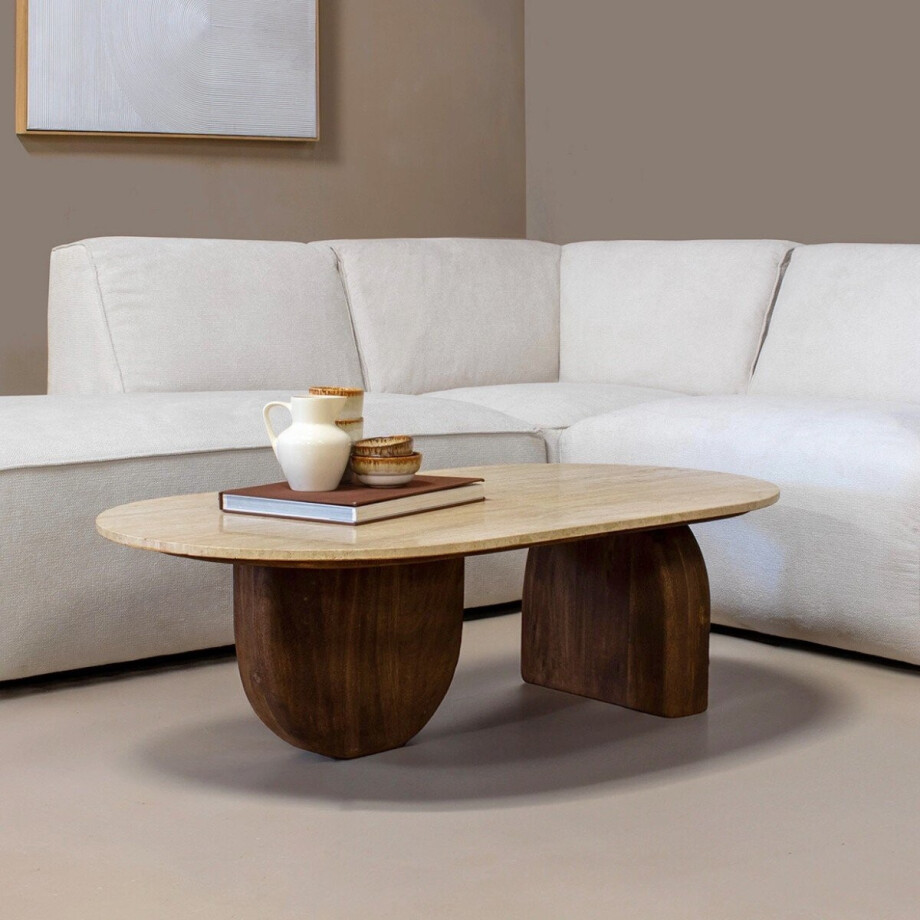 Giga Meubel Salontafel Wessel Ovaal - Travertin/Hout - Bruin - 120x65x38cm Giga Meubel Salontafel Wessel Ovaal - Travertin/Hout - Bruin - 120x65x38cm afbeelding 1