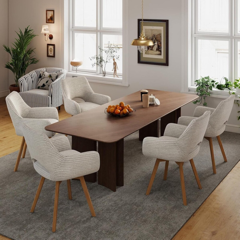 Eetkamerstoelen Set van 6 – 49x42x82 cm – 360° Draaibaar – Met Armleuningen en Houten Poten – Gestoffeerd in Corduroy Stof Taupe – Moderne Keukenstoelen – Abkantoor afbeelding 1