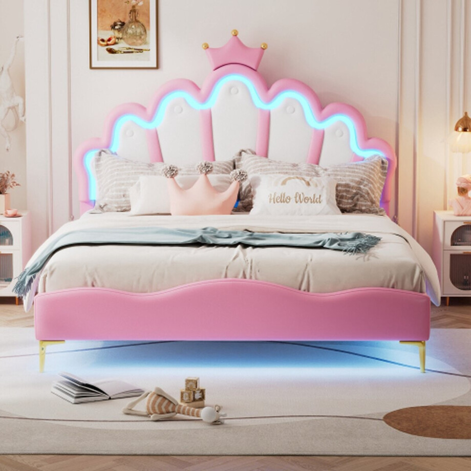 140*200cm plat tweepersoonsbed, kroonvormig prinsessenbed, zachte PU-lederen vulling, verstelbare LED-sfeerlichtstrip, roze 140*200cm plat tweepersoonsbed, kroonvormig prinsessenbed, zachte PU-lederen vulling, verstelbare LED-sfeerlichtstrip, roze afbeelding 1