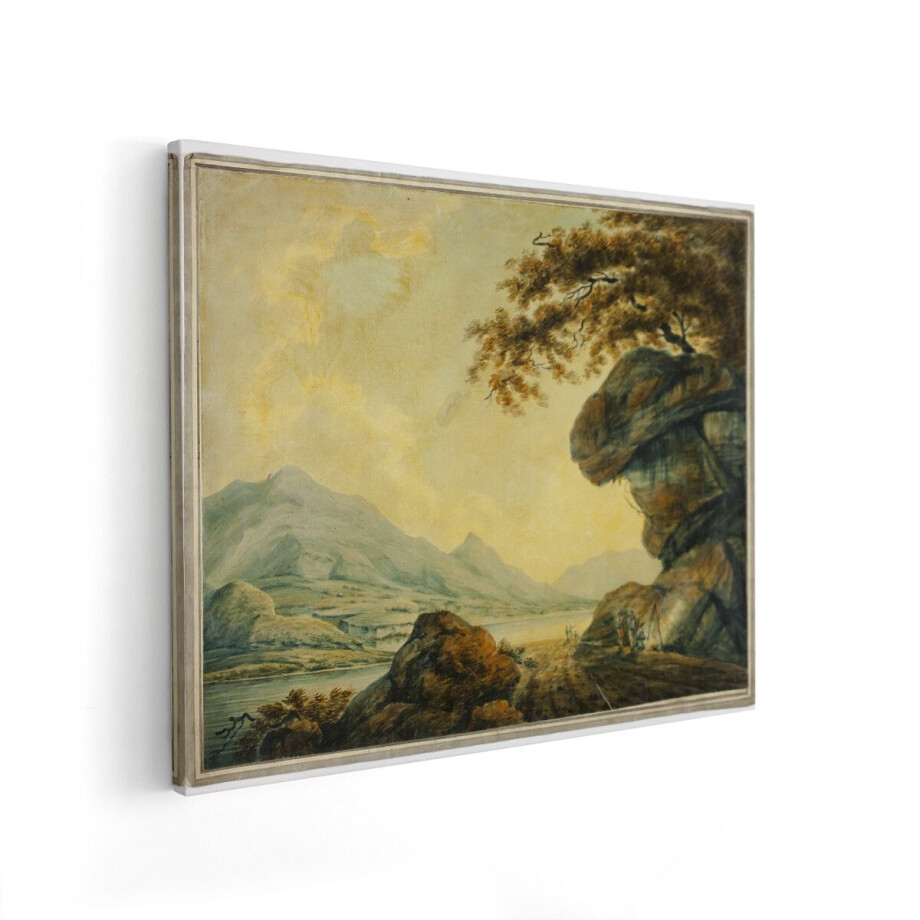 Artaza Canvas Schilderij Romantisch Berglandschap met Rotsformaties en Figuren bij Water - 50x40 cm - Wanddecoratie Woonkamer - Schilderijen - Muurdecoratie afbeelding 1