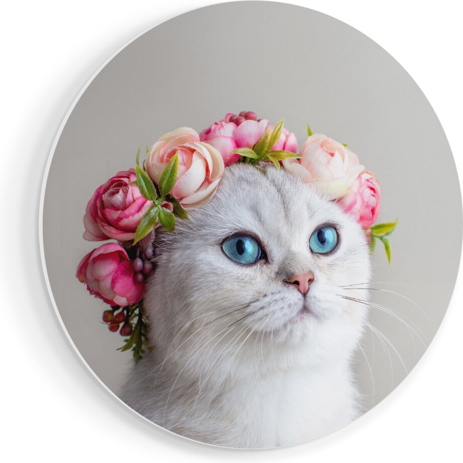 Artaza Forex Muurcirkel Kat Met Een Bloemen Kroon - 80x80 cm - Groot - Wandcirkel - Rond Schilderij - Wanddecoratie Cirkel afbeelding 1