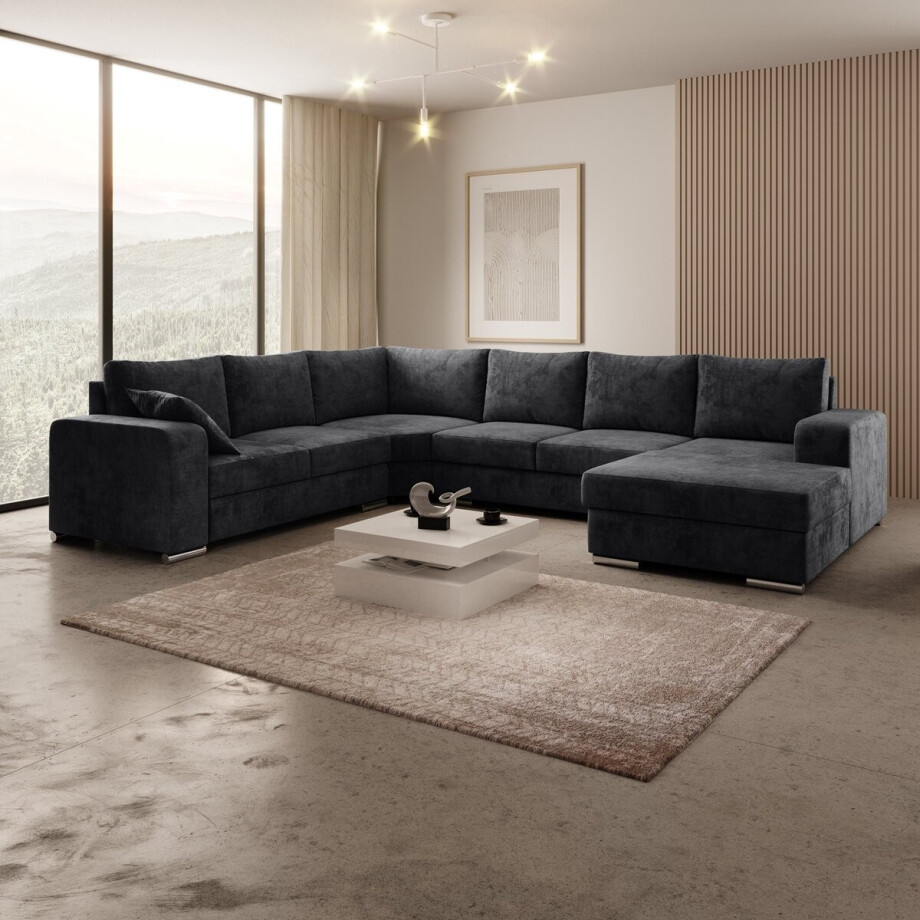 Meubella - Adel - Hoekbank 5-zits met chaise longue - Zwart - Velvet - Rechts Meubella - Adel - Hoekbank 5-zits met chaise longue - Zwart - Velvet - Rechts afbeelding 1