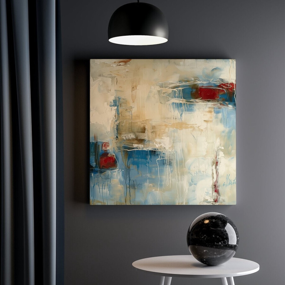 Artaza Canvas Schilderij Abstract met Rode, Blauwe en Witte Kleuren - 30x30 cm - Klein - Wanddecoratie Woonkamer - Schilderijen - Muurdecoratie afbeelding 1