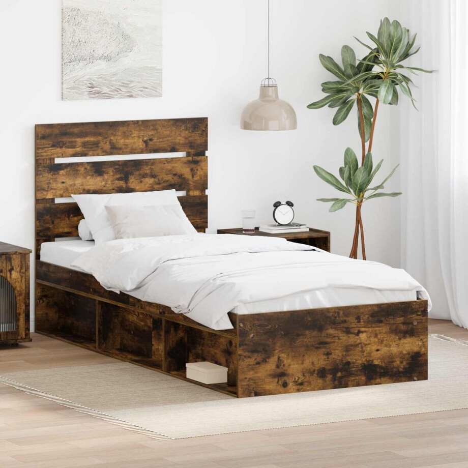 vidaXL - Bedframe - Gerookt - eiken - 75 - x - 190 - cm - Massief - grenenhout afbeelding 1