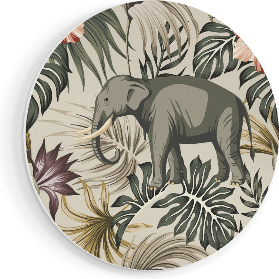 Artaza Forex Muurcirkel Tropisch Getekende Olifant - Abstract - 50x50 cm - Klein - Wandcirkel - Rond Schilderij - Muurdecoratie Cirkel afbeelding 1