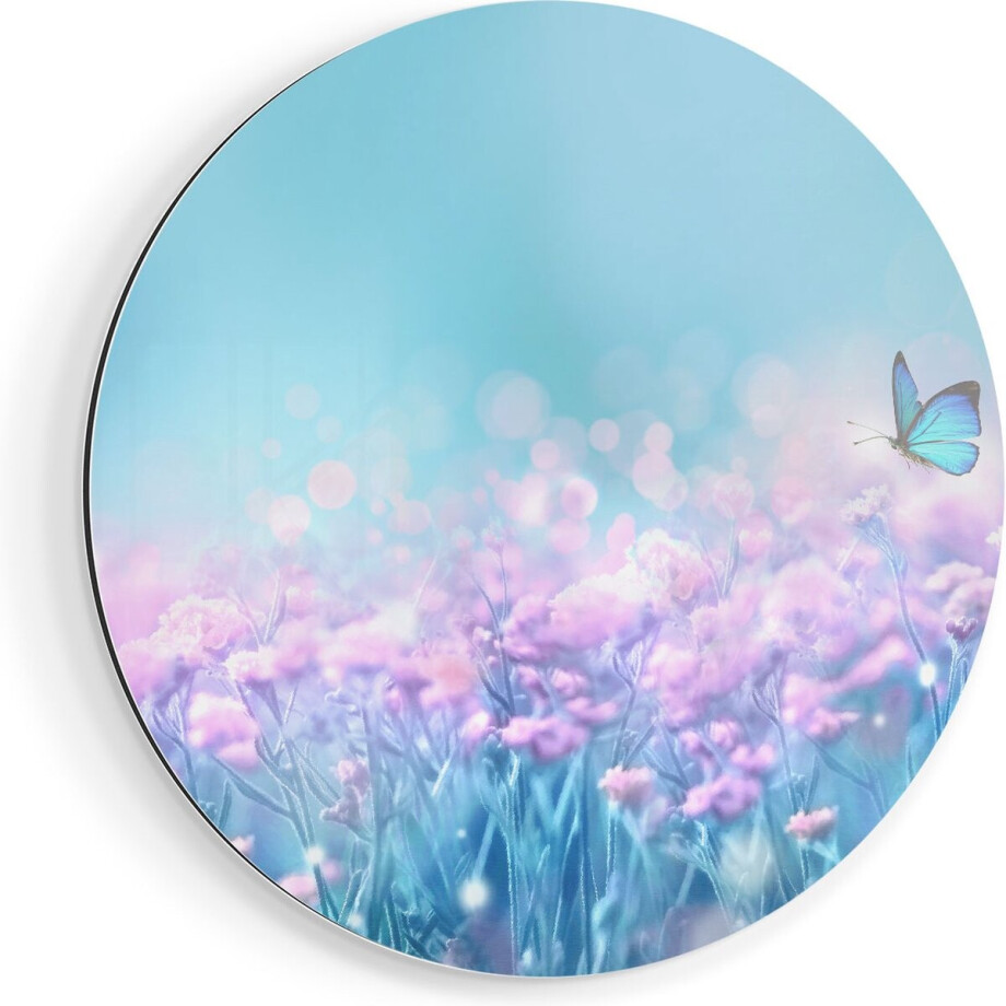 Artaza Dibond Muurcirkel Twee Blauwe Vlinders Bij Roze Bloemen - Ø 80 cm - Groot - Wandcirkel - Rond Schilderij - Voor Binnen en Buiten afbeelding 1