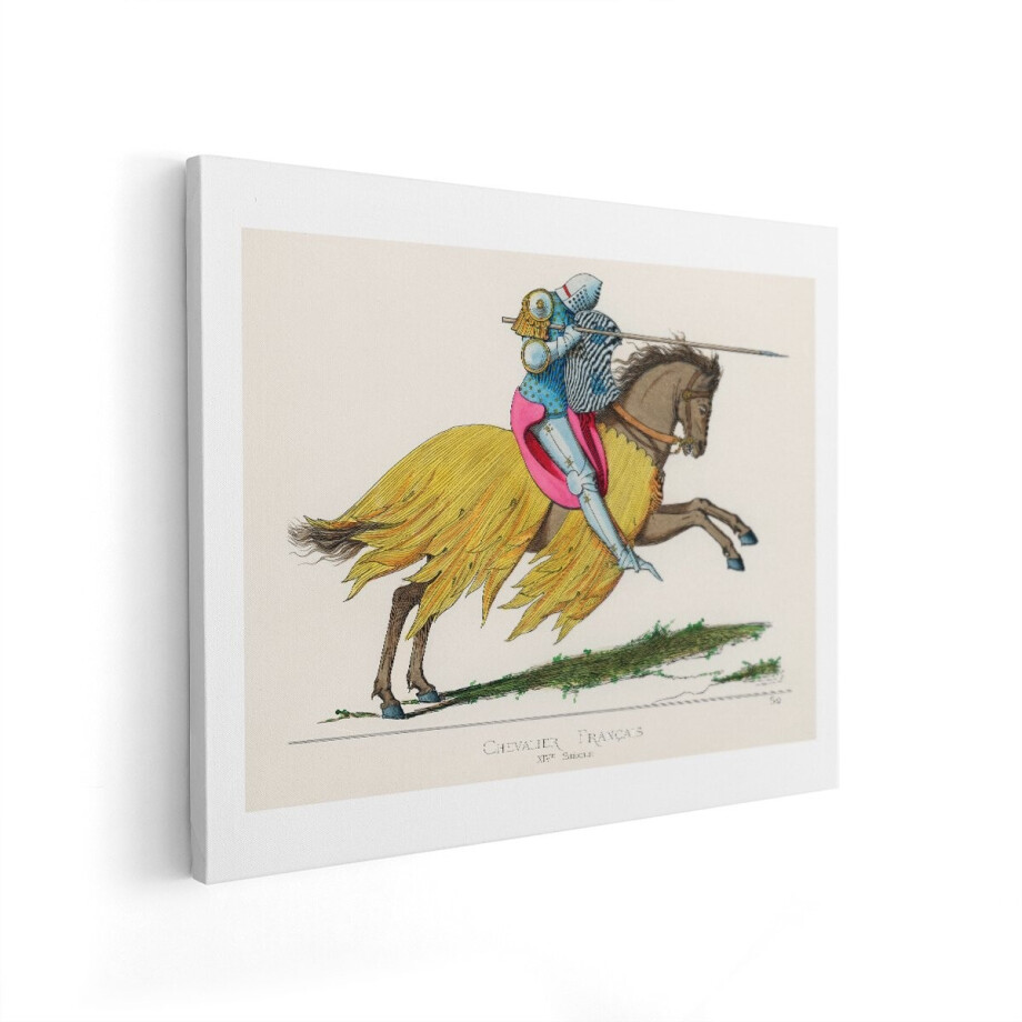 Artaza Canvas Schilderij Franse Ridder in Harnas Te Paard met Lans - 14E Eeuwse Illustratie - 50x40 cm - Wanddecoratie Woonkamer - Schilderijen - Muurdecoratie afbeelding 1