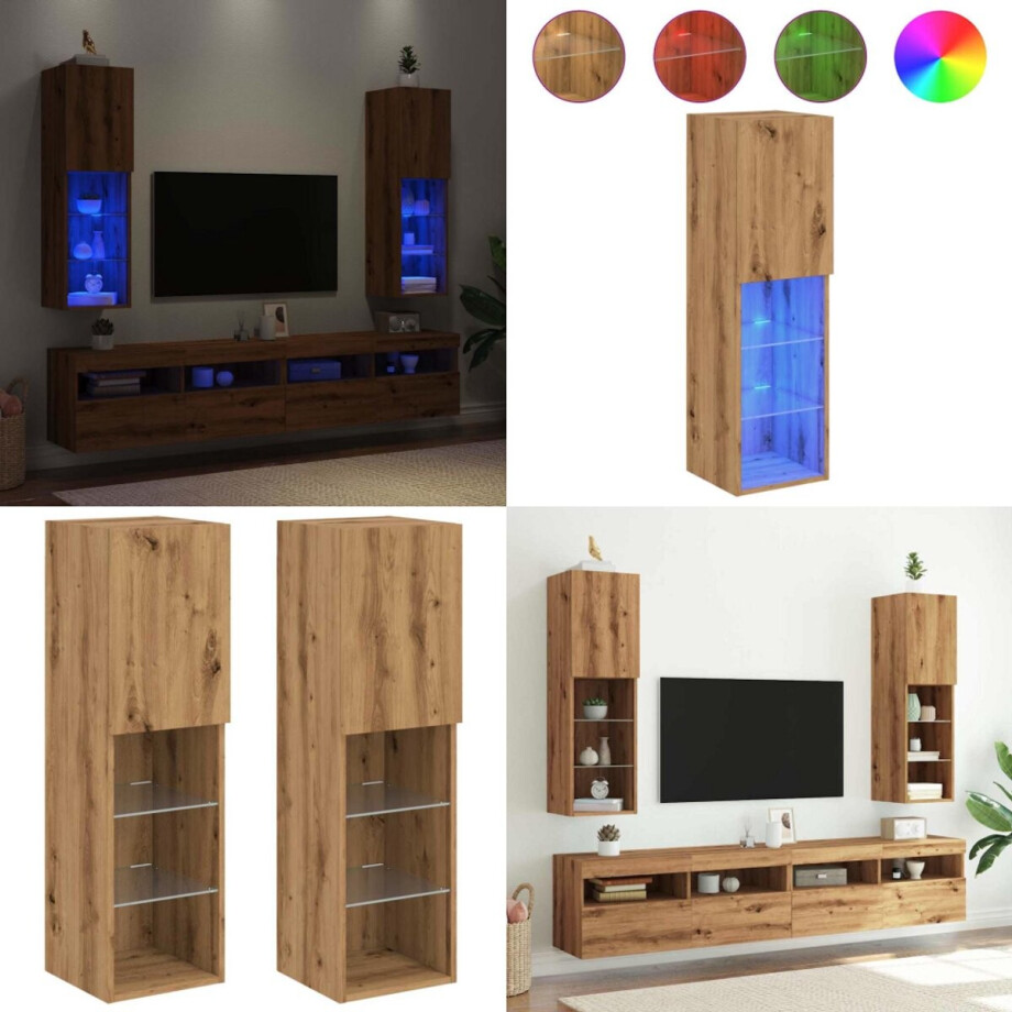 vidaXL Tv-meubels met LED's 2 st 30,5x30x102 cm artisanaal eiken - Tv-meubel - Tv-meubelen - Tv Kast - Opbergkast afbeelding 1
