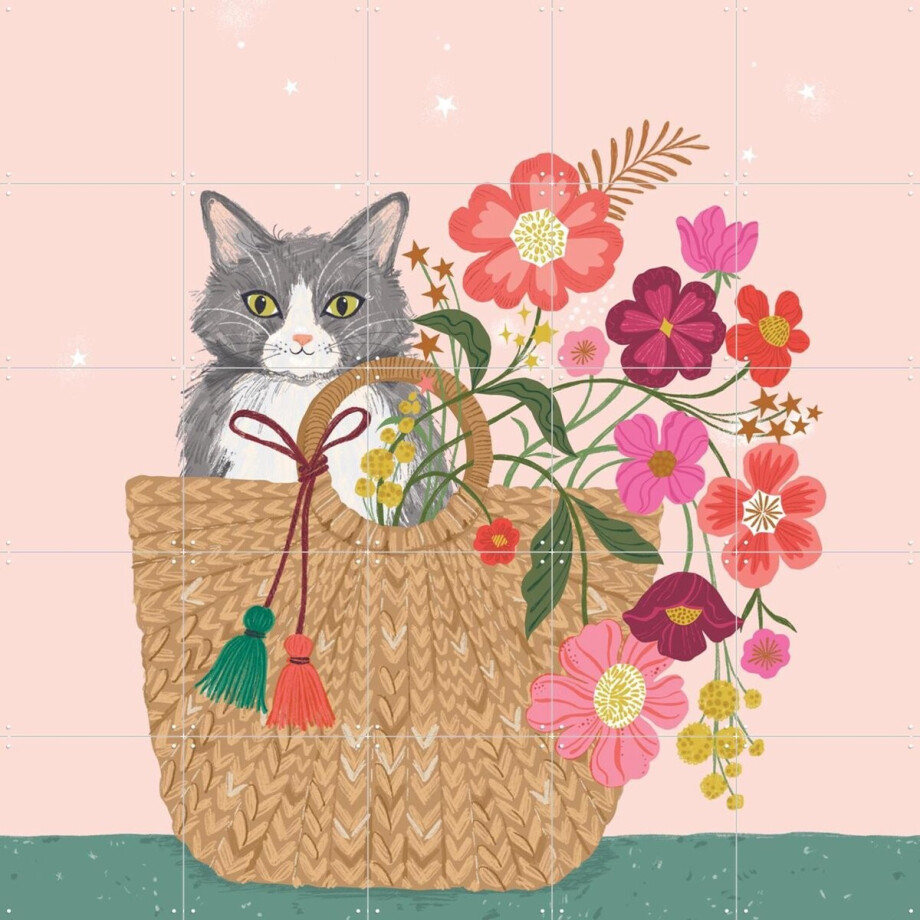 IXXI Cat Floral, Bethan Janine - 100 x 100 cm - Gratis ophangtool - Grote wanddecoratie en posters - Kleurrijk, Speels, Illustraties, Fantasierijk afbeelding 1