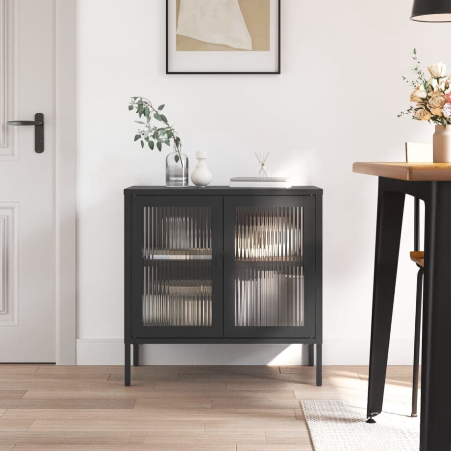 vidaXL Zwarte Dressoir - Dressoir - Dressoir 70x35x70 cm glas en staal zwart - Modern Dressoir - Stalen Dressoir - Glazen Dressoir afbeelding 1