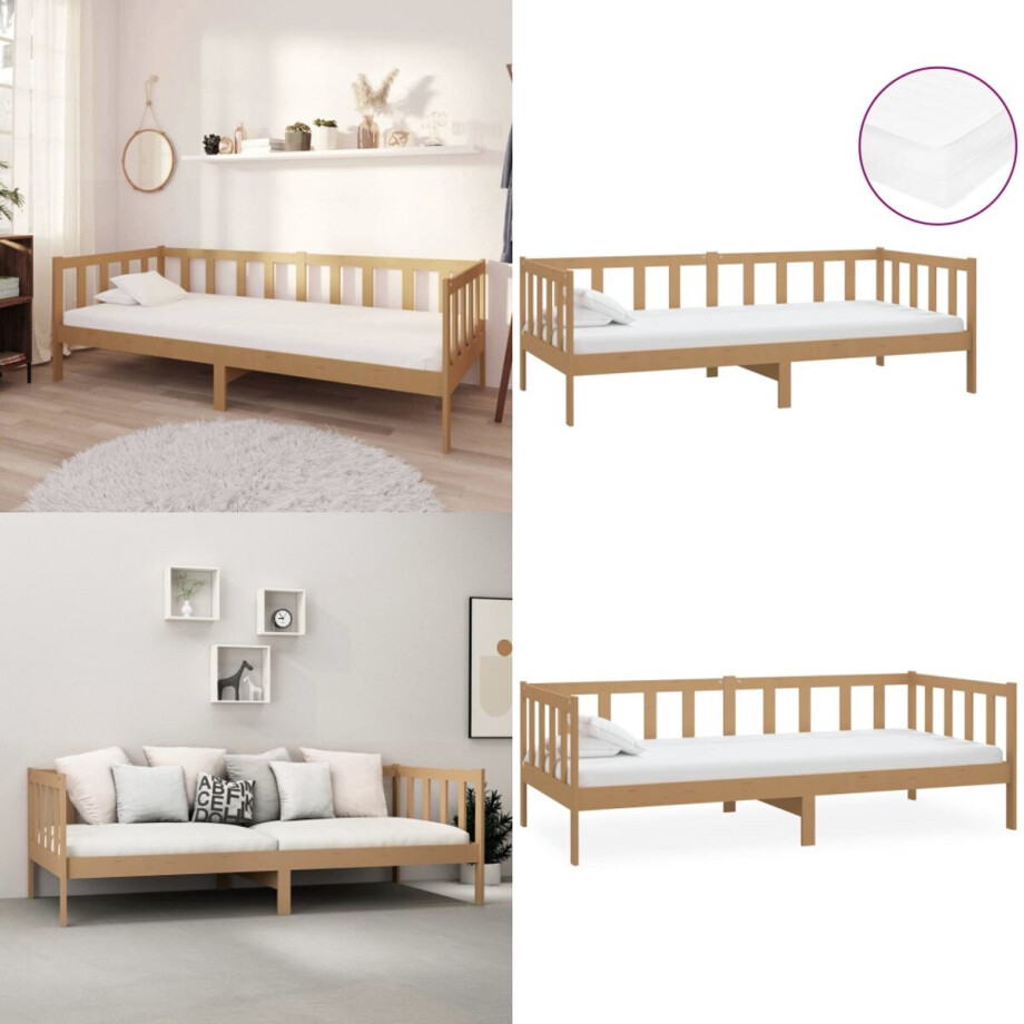 vidaXL Slaapbank met matras massief grenenhout honingbruin 90x200 cm - Bedbank - Bedbanken - Bed Bank - Bed Banken afbeelding 1