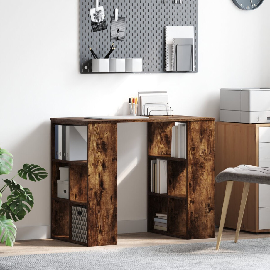vidaXL - Bureau - met - plank - Rook - Eiken - 90 - x - 50 - x - 75 - cm - Bewerkt - hout afbeelding 1
