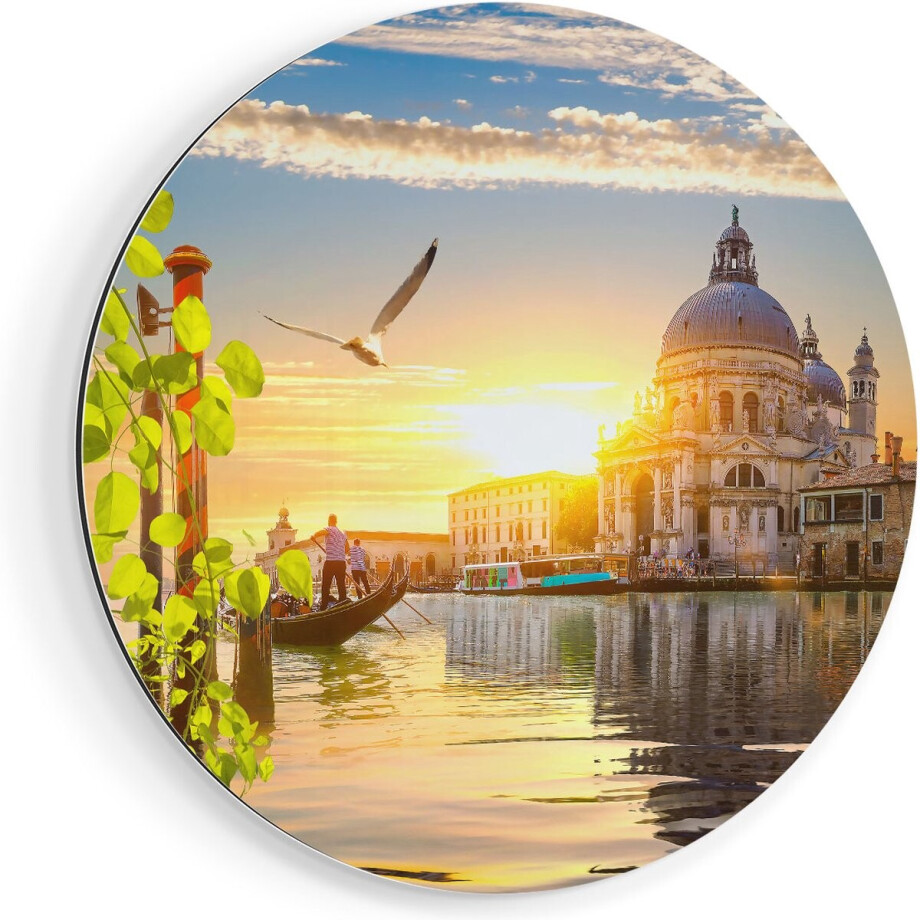 Artaza Dibond Muurcirkel Kanaal in Venetië met Bloemen - Ø 80 cm - Groot - Wandcirkel - Rond Schilderij - Voor Binnen en Buiten afbeelding 1