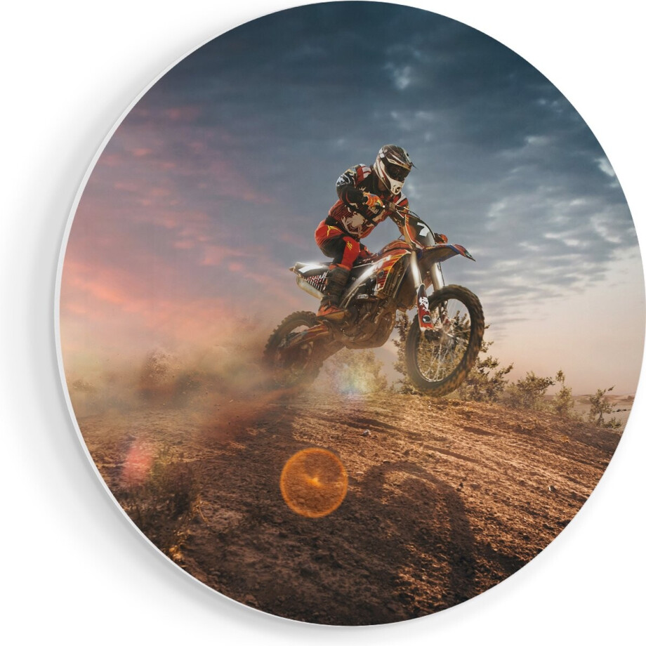 Artaza Forex Muurcirkel Motorcross Op Een Heuvel Bij Zonsondergang - 70x70 cm - Wandcirkel - Rond Schilderij - Wanddecoratie Cirkel - Muurdecoratie afbeelding 1