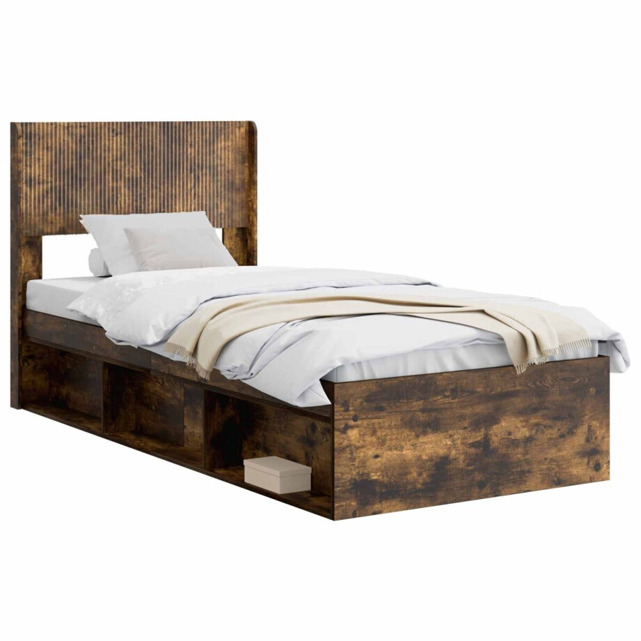 vidaXL - Bedframe - met - opbergruimte - en - hoofdbord - Gerookt - eiken afbeelding 1
