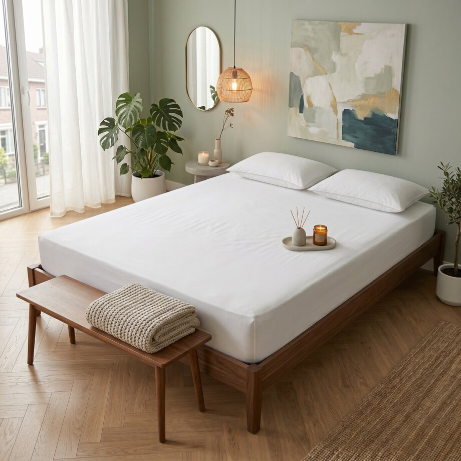 Saphira SOFT Geweven Katoen Hoeslaken – Wit – 200x220 cm – Lits jumeaux – 40 cm Matrashoogte – 100% Katoen – 360° Elastiek Rondom – Glad, Ademend & Zacht Saphira SOFT Geweven Katoen Hoeslaken – Wit – 200x220 cm – Lits jumeaux – 40 cm Matrashoogte – 100% Katoen – 360° Elastiek Rondom – Glad, Ademend & Zacht afbeelding 1