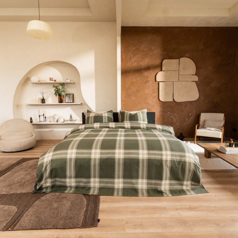 Kayori Magome Dekbedovertrek Flanel - 200x200-220 + 2 slopen - Tweepersoons - Heerlijk warm - Olijfgroen afbeelding 1