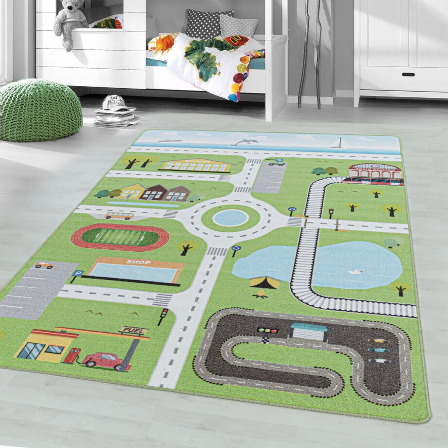 Flycarpets Kindervloerkleed - Speelstraat - Groen 160x230 cm afbeelding 1