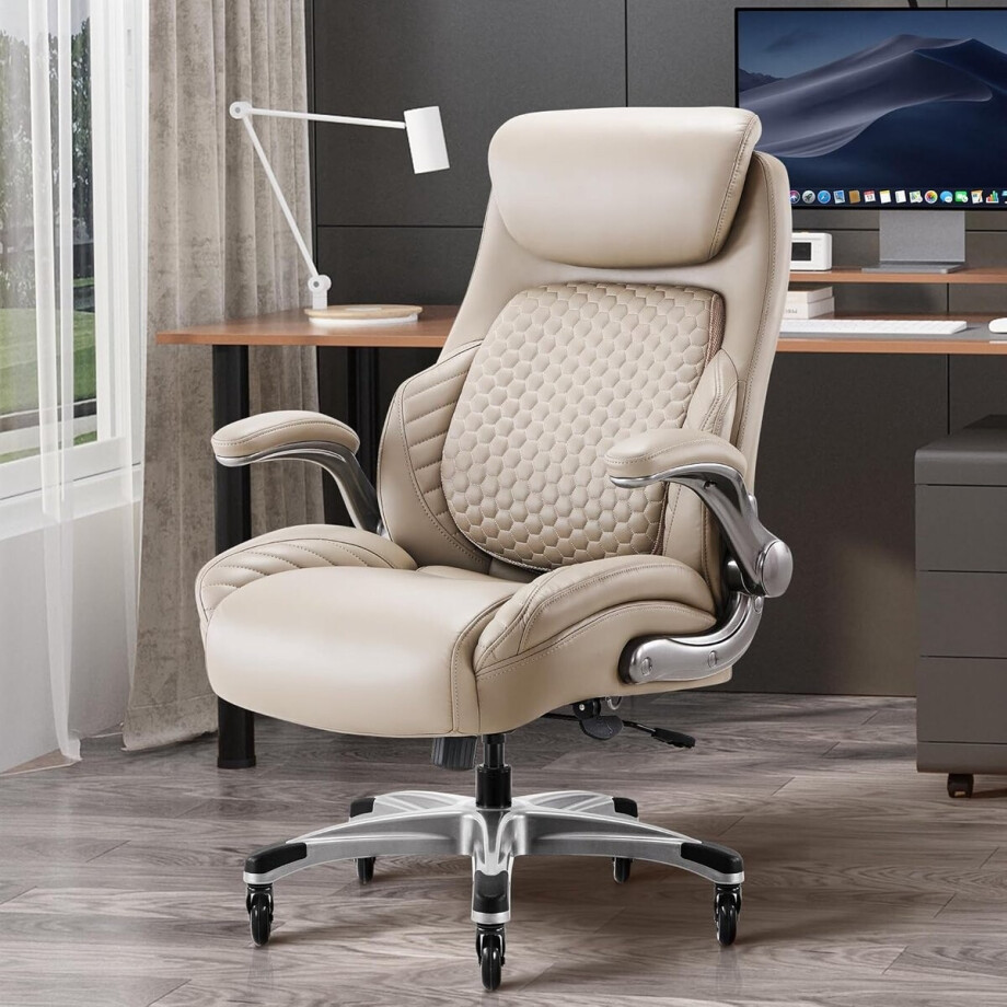 Ergonomische Bureaustoel met Verstelbare Lendensteun en Inklapbare Armleuningen – Hoge Rugleuning, Dikke Zitting 17 cm, Max. 136 kg – Khaki – Altameubel afbeelding 1