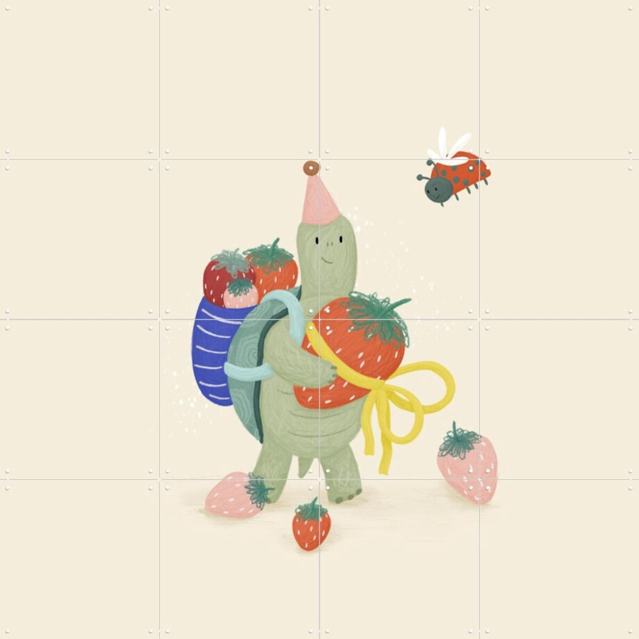 IXXI Strawberry Turtle, Studio Phie - 80 x 80 cm - Gratis ophangtool - Grote wanddecoratie en posters - Cartoonesk, Speels, Illustraties, Kleurrijk afbeelding 1