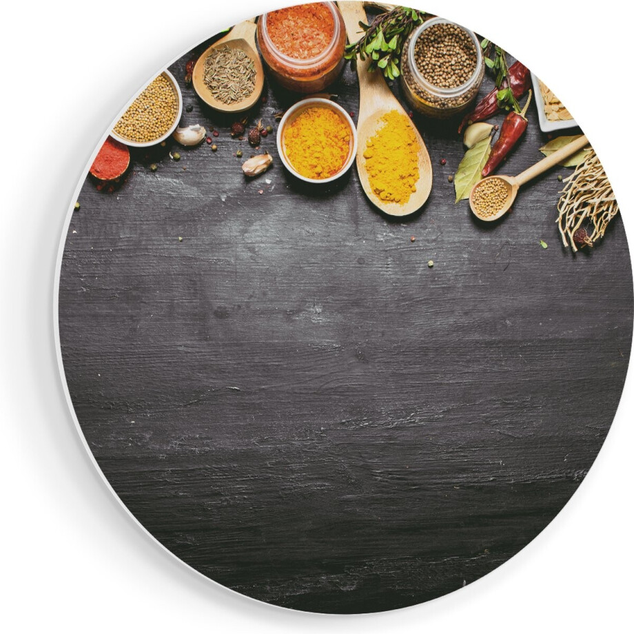 Artaza Forex Muurcirkel Indiase Kruiden Op Een Zwarte Tafel - 70x70 cm - Wandcirkel - Rond Schilderij - Wanddecoratie Cirkel - Muurdecoratie afbeelding 1