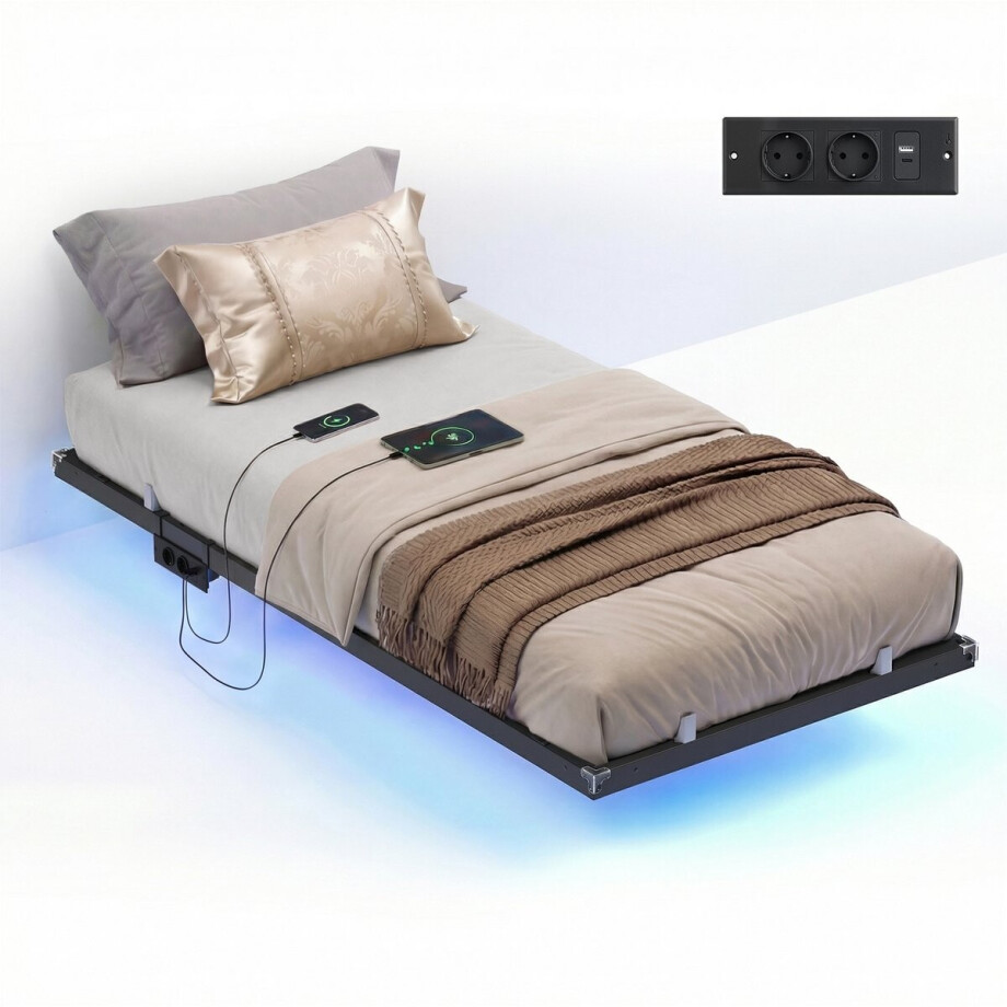 VASAGLE - Bed - Bedframe met Zwevend Effect - LED-Verlichting - Afneembaar Stekkerblok met USB en Stopcontacten VASAGLE - Bed - Bedframe met Zwevend Effect - LED-Verlichting - Afneembaar Stekkerblok met USB en Stopcontacten afbeelding 1
